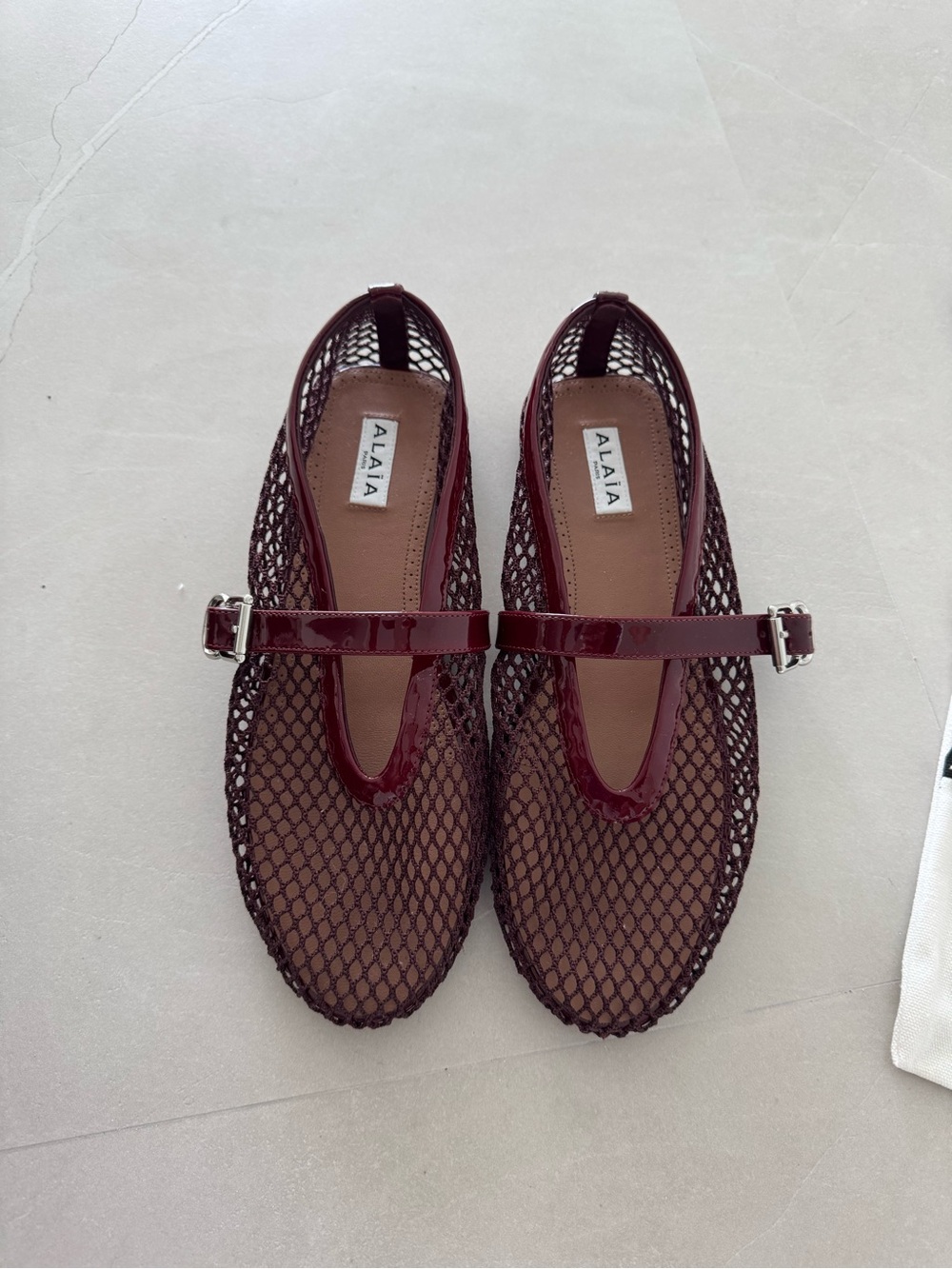 ALAIA Burgundy Mesh Mary Jane Flats
